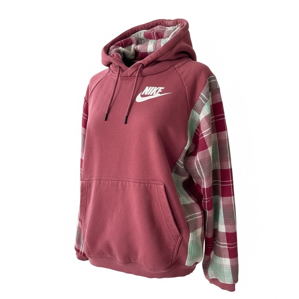 Upcycled “Nike" Maroon Hoodie with Flannel Sleeves. Size L